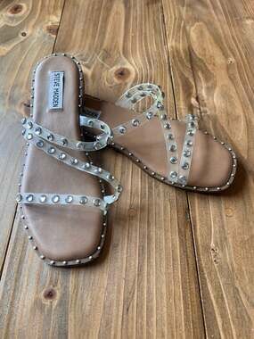 Steve Madden Selina Tan Studded Clear Strappy Slide Sandals